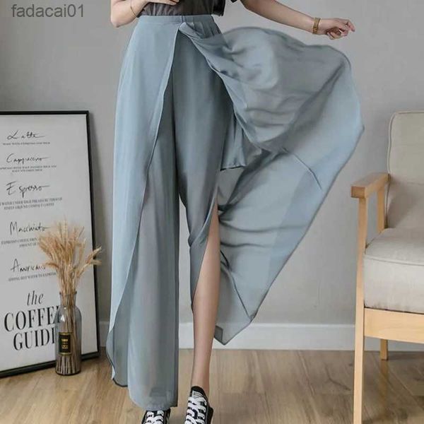 

summer thin women chiffon skirt pants wide legs irregular wild korean fashion pantalones mujer high waist casual loose trousers l230621, Black;white