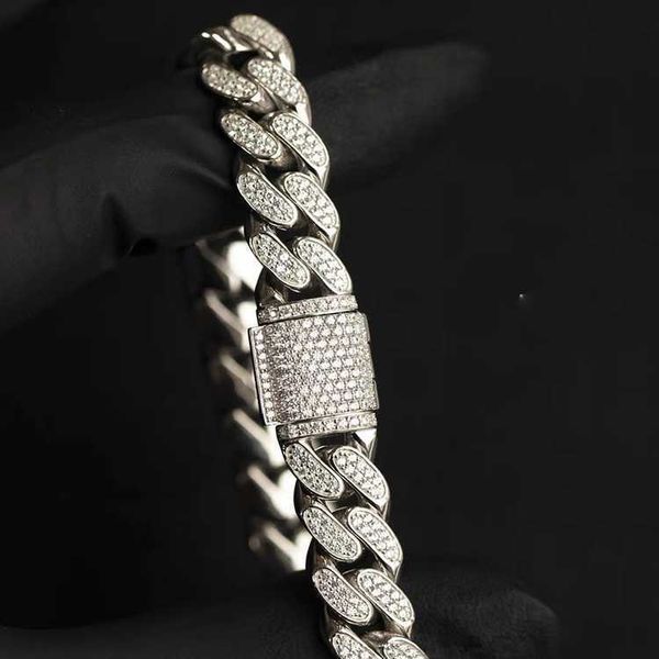

925 solid silver 12mm 17mm wide with 2rows fire moissanite diamond bracelet cuban link chain