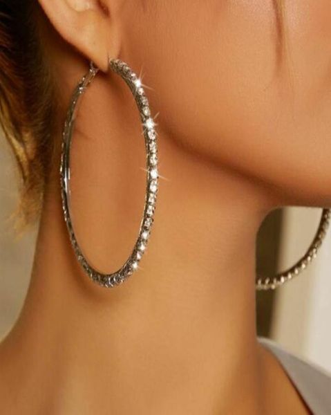 

boutique hiphop brand crystal large hoop earrings gold silver tone big rhinestone clip on circle earring for women youth personali5229914, Golden;silver