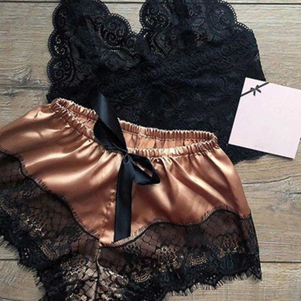 

women's sleep lounge womens lace sleepwear lace lingerie sleeveless v-neck babydoll pajamas set lingerie shorts bra short pants nightw
