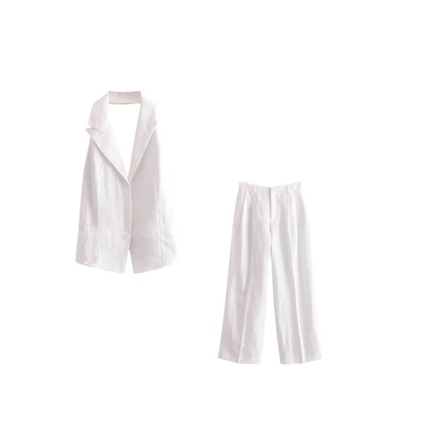 

2023 summer new women's linen hanging neck high waist pants set 2943/217 2943217, White