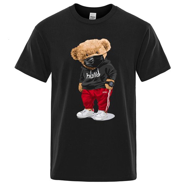 

men's t-shirts 100% cotton sports mask bear print short-sleeved t-shirt male half-sleeved summer casual oversized t-shirt men shirt s-x, White;black
