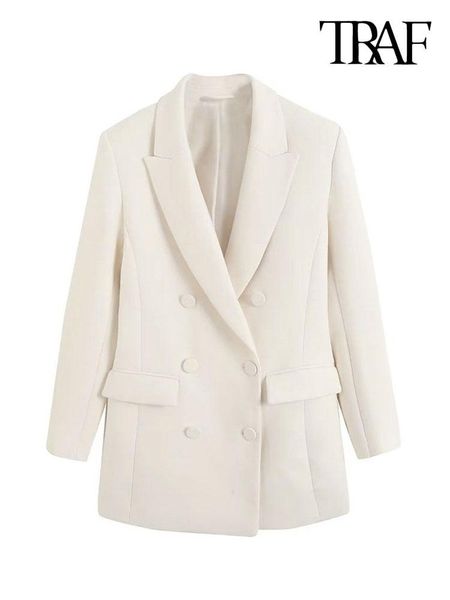 

parkas traf women fashion double breasted blazer coat vintage long sleeves flap pockets female outerwear chic vestes femmes, Black
