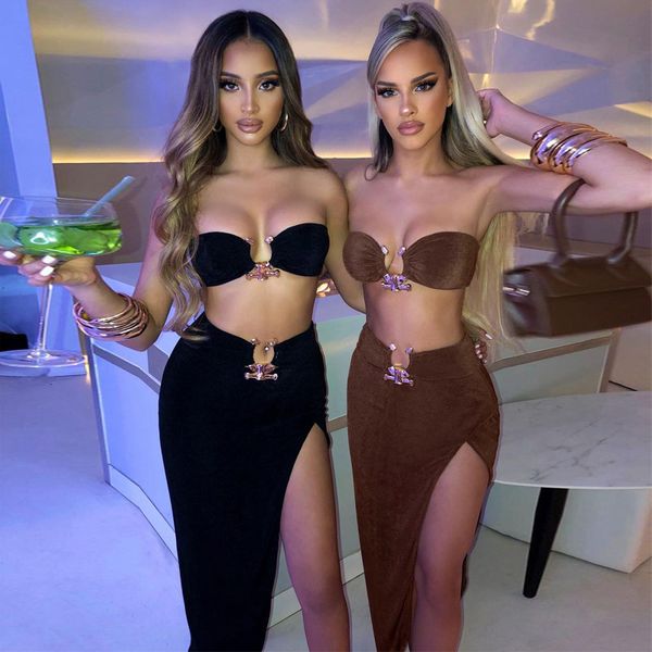 

skirts women's skirt set metal ring decoration off shoulder tube high waist side high slit irregular skirt women's suits 230710, Black