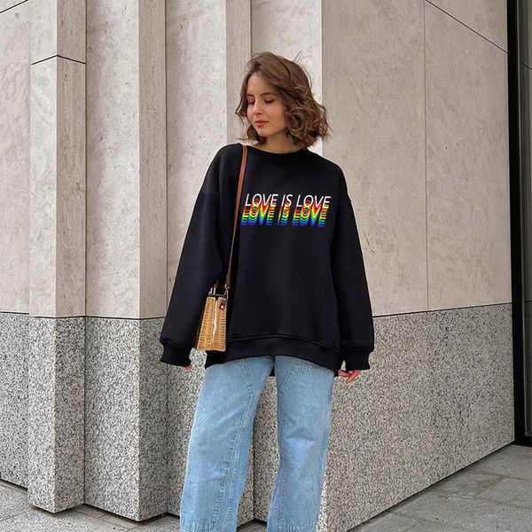 

womens hoodies sweatshirts casual women love rainbow letter print o neck pullover color loose streetwear female spring hoody 230710, Black
