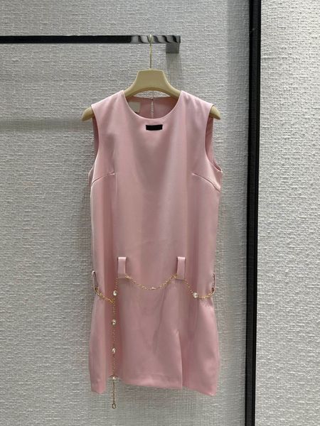 

luxury fashion 2023 summer women's o-neck sleeveless sweet pink dress with pearl belt elegant lady loose mini dresses, Black;gray