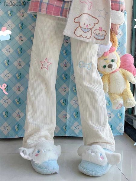 

qweek harajuku kawaii white corduroy pants women japanese style sweet cute wide leg trousers embroidery girly fleece pantalon l230621, Black;white