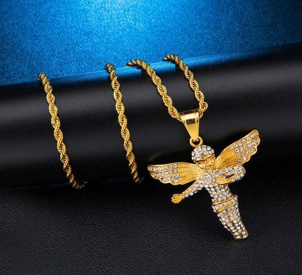 

us7 bling iced out gold angel necklace pendants paved rhinestoned pendant stainless steel chain for men hip hop jewelry6252222, Silver