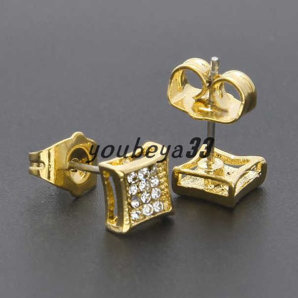 

3 row micro pave bling square stud earrings for men women gold plated iced out cubic zirconia cz stone screw back earrings gift new fashion, Golden;silver
