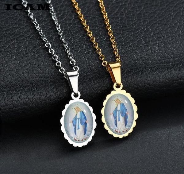 

pendant necklaces icam catholic rhinestone oval prayer virgin mary necklace classic our lady of guadalupe medal coin amulet7701040, Silver