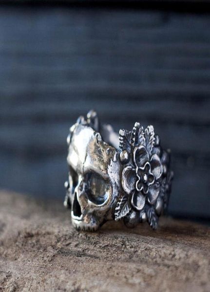 

gothic mexican flower sugar skull rings women silver color 316l stainless steel punk flowers ring jewelry6324708