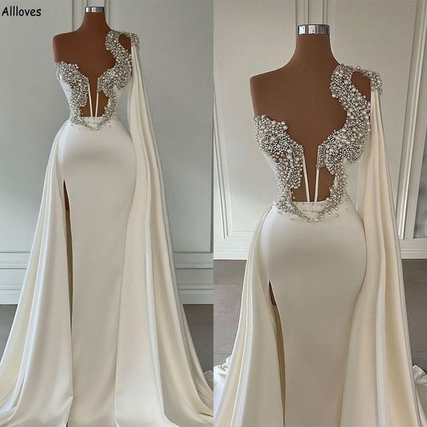 

unique designer pearls beading mermaid wedding dresses dubai arabic one shoulder long wrap peplum bridal gowns elegant satin side split vest, White