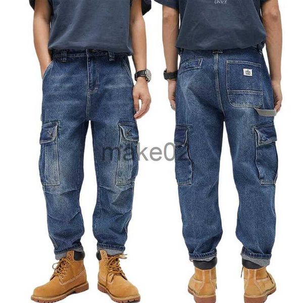 

men's jeans hip hop big pocket cargo jeans men's washed tide brand loose harem jeans special men's straight jeans x0710, Blue