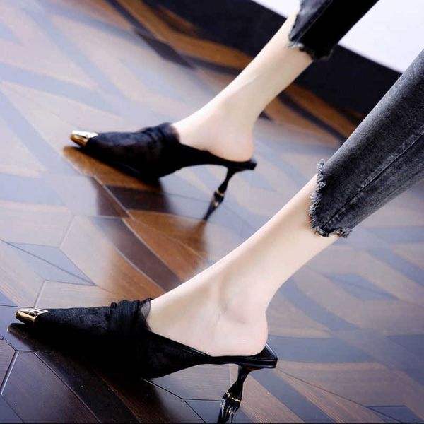 

lady sandals single shoe mid heel hyun yafeng workplace pointed half slippers women's summer new commuter cool slim high heels 230626, Black