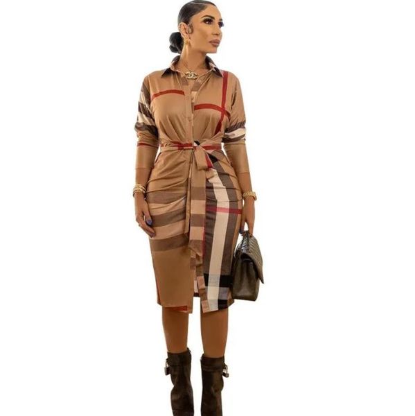 

casual dresses women plaid shirt dress summer fashion turn-down collar belt long sleeve midi female office vestido, Black;gray