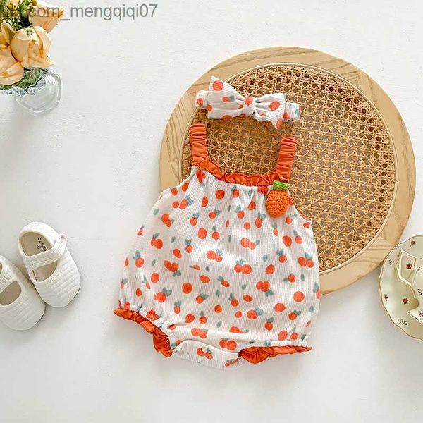 

rompers milancel 2023 summer baby skin-tight garment waffle baby girl garment fruit print toddler one headband z230710, Blue