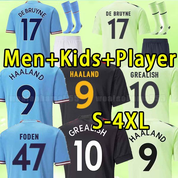 

22 23 erling haaland mans cities soccer jerseys kovacic phillips grealish de bruyne foden 2022 2023 manchesters football shirts kids kit fan, Black;yellow