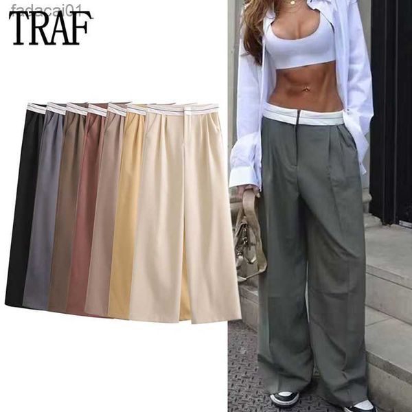 

traf 2023 wide leg pants for women high waist trousers women pleated casual baggy pants woman streetwear oversize pants women l230621, Black;white