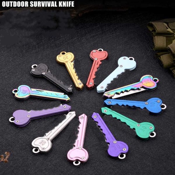 

folding mini heart shape keychain defense key chain pendant pocket outdoor survival tool key knife for women man multicolors, Silver