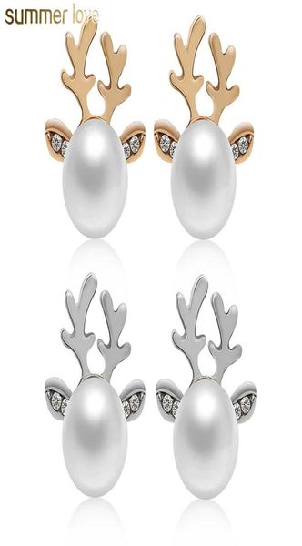 

reindeer pearl christmas earrings for kids women rhinestone inlay lovely stud earrings christmas jewelry gift4436884, Golden;silver