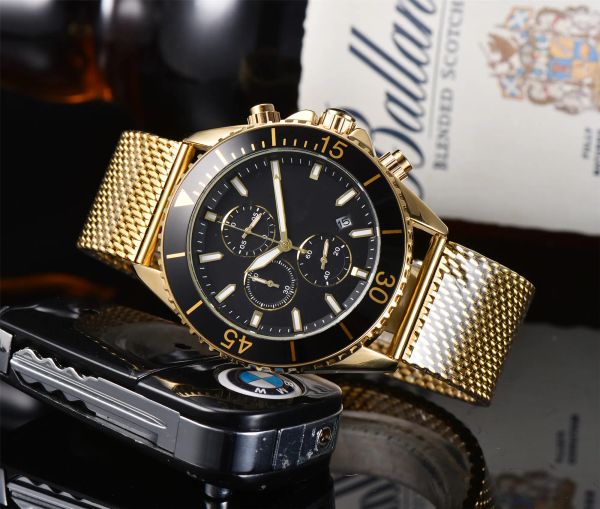 

2023 men's business fashion watches six hands full function quartz movement watches full stainless steel strap gift watches, Slivery;brown