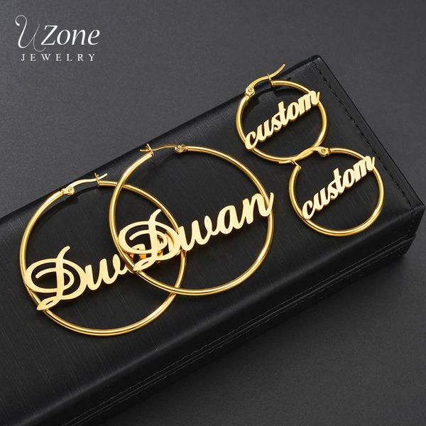 

hoop huggie uzone 1 pair stainless steel custom name earrings personalized letter circle earring for women girls birthday party jewelry 2307, Golden;silver