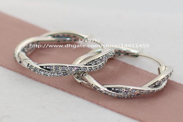 

100% high-quality 925 sterling silver twist of fate with clear cz hoop earrings fits european jewelry ring8556972, Golden;silver