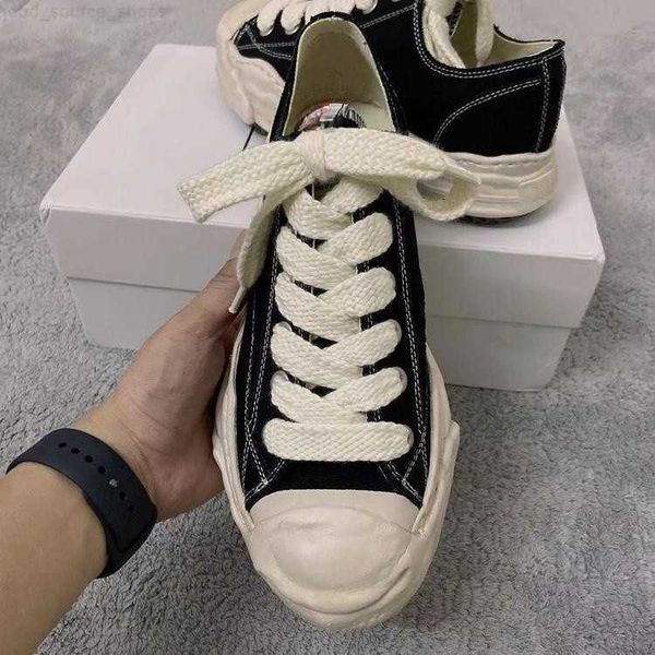 

maison mihara yasuhiro mmy dissolved shoes open smile made old low canvas shoes for men and women thick sole elevated board shoes, Black