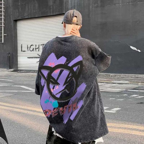 

designeramerican imp washed cotton short sleeve t-shirt men's summer fashion brand high street hip hop loose clothes, White;black