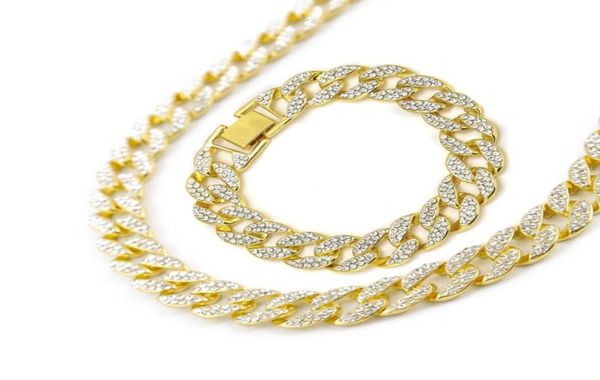 

chains iced out bling rhinestone golden finish miami cuban link chain bracelet necklace set men039s hip hop 1624 inch9746899, Silver