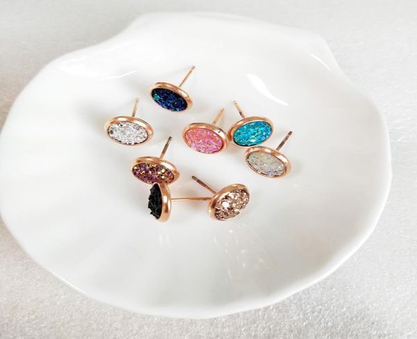 

20prslot assort colors 8mm rose gold color druzy earrings whole factory 4384007, Golden;silver