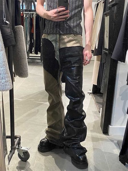 

ro style worn-out washed patched coated wax pants with wide legs slightly flared high street niche stacked jeans versatile for men and women, Blue
