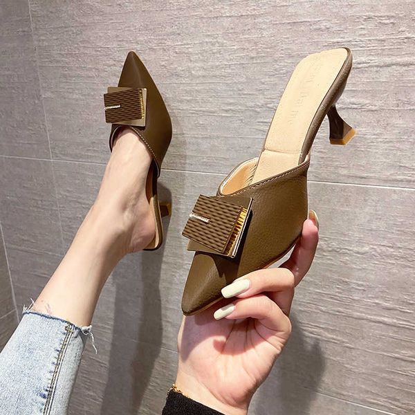 

lady sandals women's summer new style slippers slim heels medium small french half trailer high heels 230626, Black