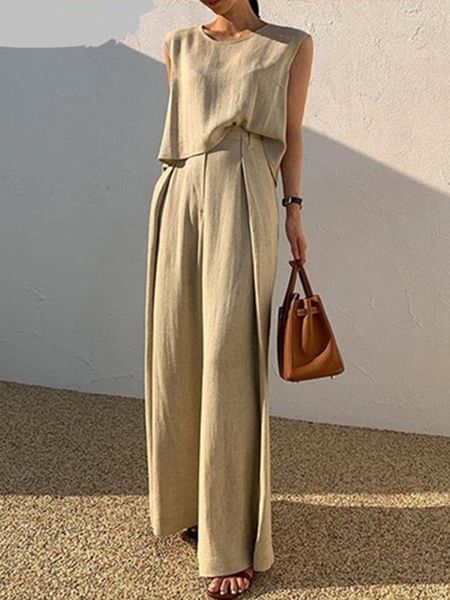 

ladies sleeveless o-neck tank + straight wide leg pants suit fashion loose 2 piece suits summer casual ladies sets, White