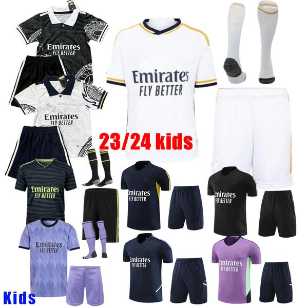 

2023 real madrids soccer jerseys 22 23 24 new kids football kit vini jr benzema tchouameni camavinga modric rodrygo football tracksuit chand, Black;yellow
