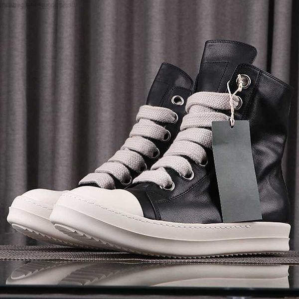 

street high rick shoes minimalist style genuine leather sneakers jumbo shoeslace men's casual shoes owens designer women's boots, Black