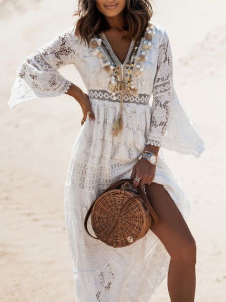 

basic casual dresses boho long dress women summer lace v neck flare sleeve maxi dress lady holiday party beach wedding dresses vestidos de, Black;gray