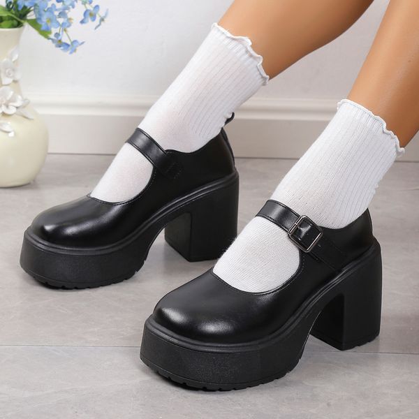 

women's buckle strap platform pumps round toe high heels mary jane shoes for women 2023 new elegant black pu leather dress shoes