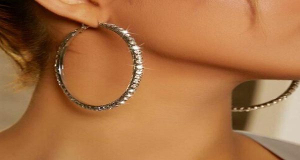 

boutique hiphop brand crystal large hoop earrings gold silver tone big rhinestone clip on circle earring for women youth personali1274980, Golden;silver