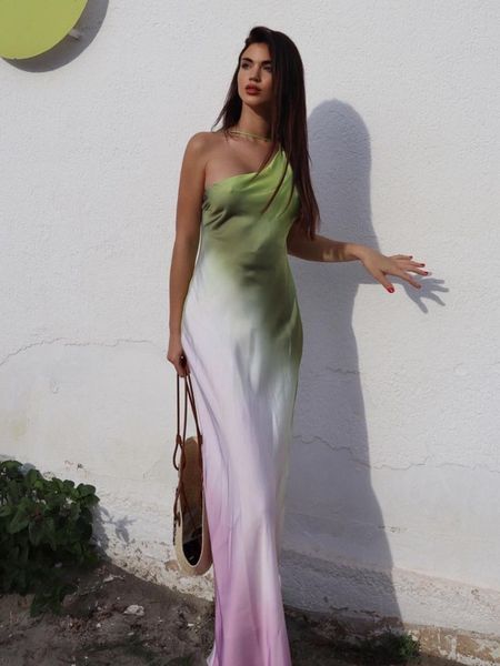 

basic casual dresses summer fashion tie dyed dress for women satin diagonal collar backless off shoulder dresses evening party long vestido, Black;gray