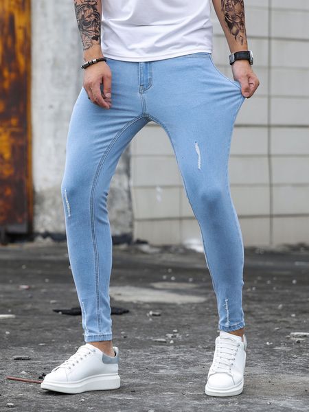 

mens jeans streetwear ripped skinny hip hop man fashion estroyed oversize pants solid color male stretch casual denim trousers 230710, Blue