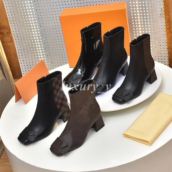 

shake boots designer women ankle boots square chunky high heels genuine leather boot lady elegant twist booties printed mid boot, Black