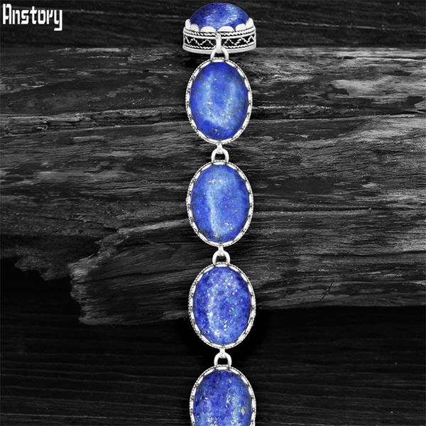 

chain natural oval lapis lazuli bracelet for women vintage antique silver plated flower pendant fashion jewelry party gift tb276 230710, Black