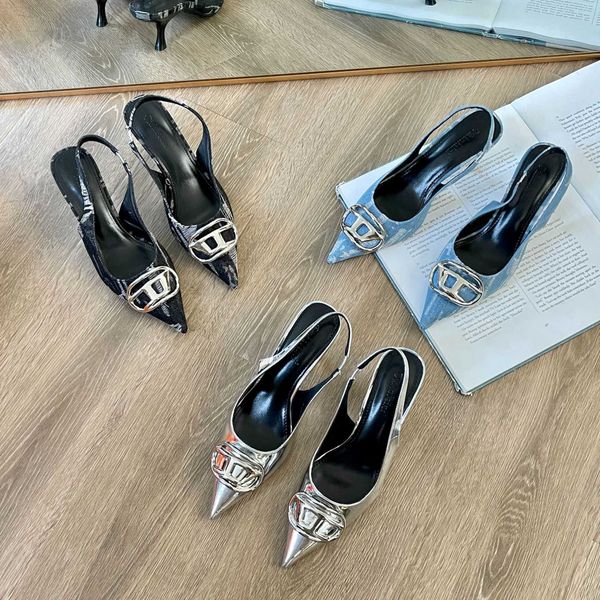 

summer 2023 new high baotou sandals pointed thin heel metal buckle denim back air single shoes women, Black