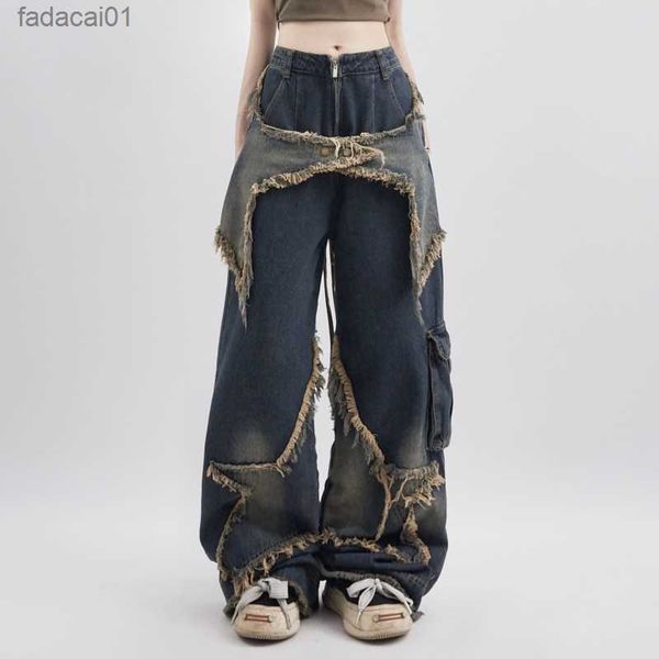 

y2k vintage men korean blue streetwear oversize star aesthetic straight trousers wide leg jeans grunge denim pants women clothes, Black;white