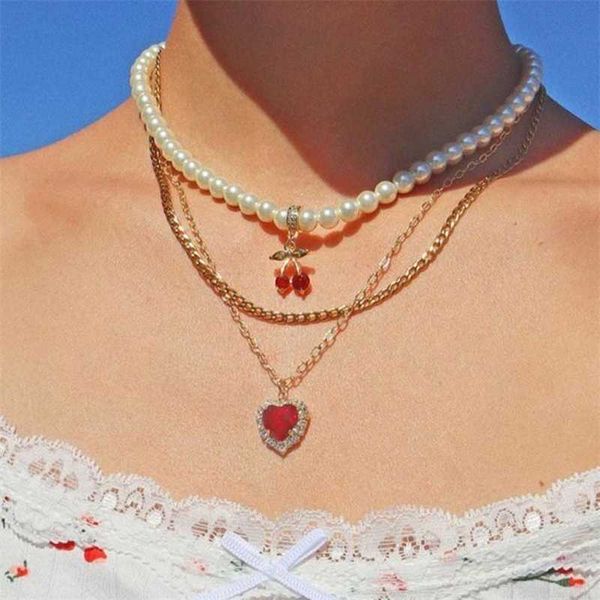 

beaded necklaces trendy multilayer crystal heart chain necklace set for women simple white imitation pearl beads choker jewelry new 230613, Silver
