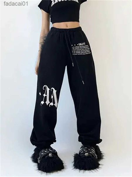 

qweek y2k track pants women harajuku hip hop streetwear gothic letter print jogging sweatpants oversize hippie sports trousers l230621, Black;white