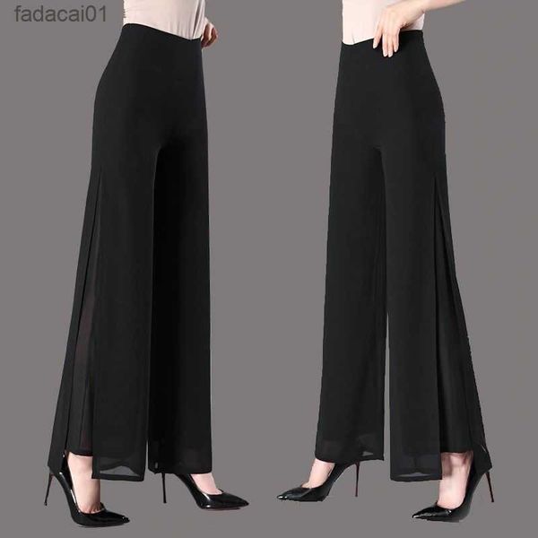 

office lady double chiffon flare pants spring summer new high waist thin culottes elastic loose split casual women long trousers l230621, Black;white