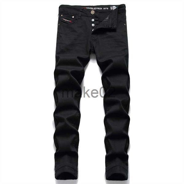 

men's jeans men's black jeans simple trend stretch slim pencil pants solid color midwaist embroidered brand trousers x0710, Blue