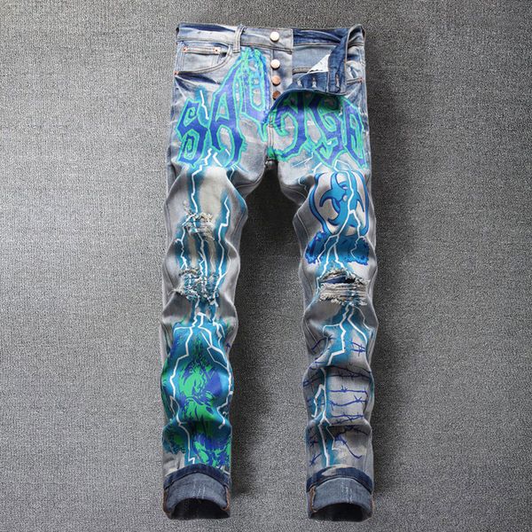 

mens jeans european style men brand slim denim trousers blue straight graffiti print fall hole pants for 230710